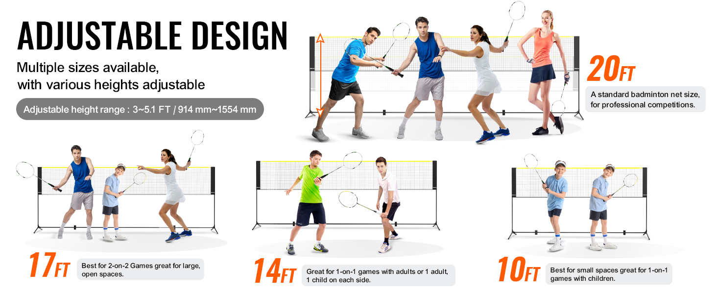 adjustable VEVOR badminton volleyball net in various sizes: 10ft, 14ft, 17ft, and 20ft, for different spaces.
