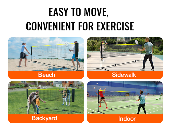easy to move VEVOR badminton volleyball net setup on beach, sidewalk, backyard, and indoor courts.