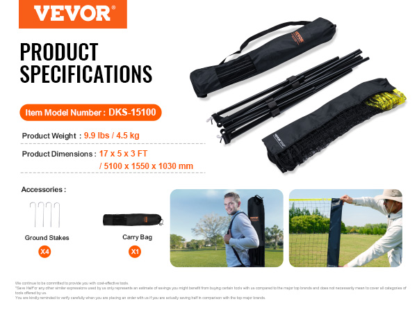 VEVOR badminton net with carry bag, ground stakes, and dimensions of 17 x 5 x 3 ft for outdoor sports.