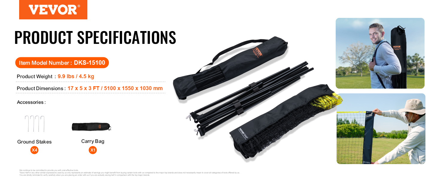 VEVOR badminton net with carry bag, ground stakes, and dimensions of 17 x 5 x 3 ft for outdoor sports.