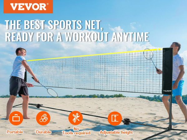 VEVOR badminton net setup on sand, highlighting portability, durability, no tools required, adjustable height.