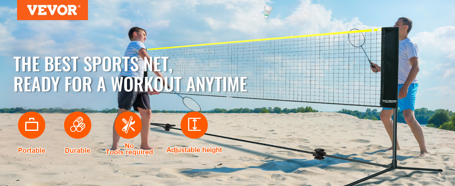 VEVOR badminton net setup on sand, highlighting portability, durability, no tools required, adjustable height.