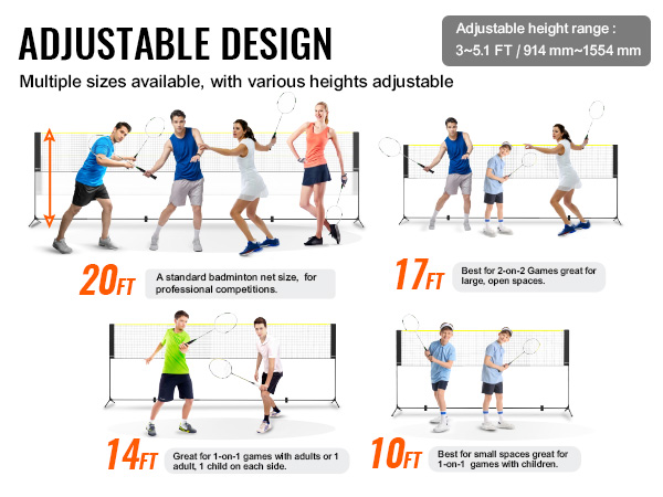 adjustable VEVOR badminton net with heights from 3-5.1 ft, available in 10 ft, 14 ft, 17 ft, and 20 ft sizes.