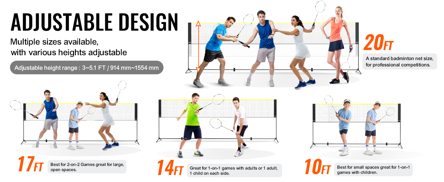 adjustable VEVOR badminton net with heights from 3-5.1 ft, available in 10 ft, 14 ft, 17 ft, and 20 ft sizes.