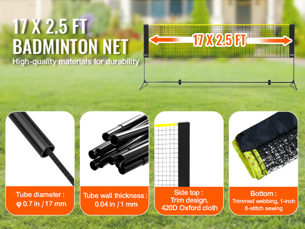 VEVOR badminton net, 17 x 2.5 ft, durable materials, 17 mm tube diameter, 420d oxford cloth.