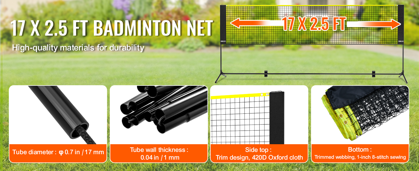 VEVOR badminton net, 17 x 2.5 ft, durable materials, 17 mm tube diameter, 420d oxford cloth.
