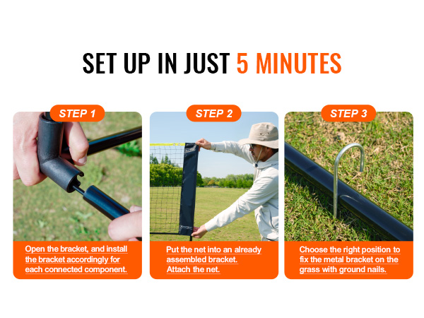 VEVOR badminton net setup in 3 steps: assemble bracket, attach net, fix with ground nails in 5 minutes.