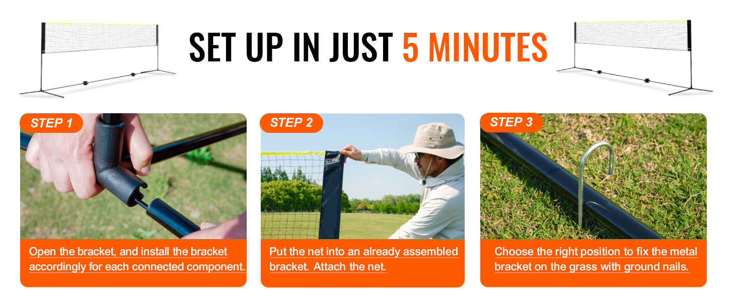 VEVOR badminton net setup in 3 steps: assemble bracket, attach net, fix with ground nails in 5 minutes.