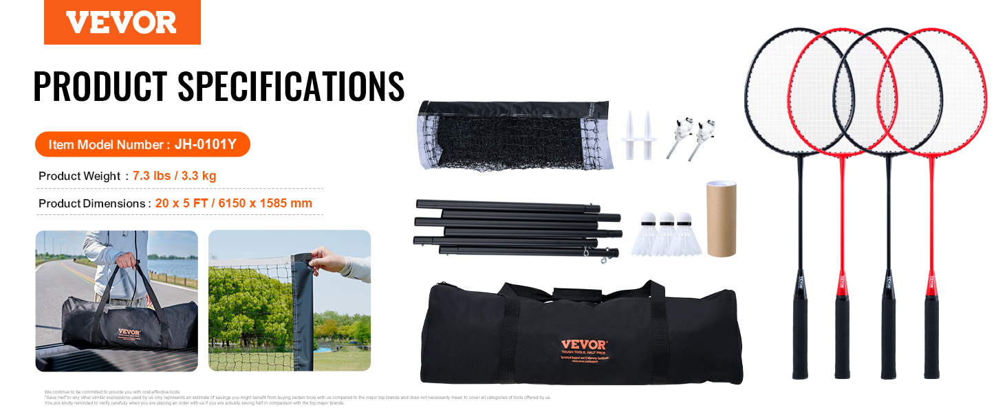 VEVOR badminton net set includes 4 rackets, net, poles, shuttlecocks, stakes, and a carrying bag.