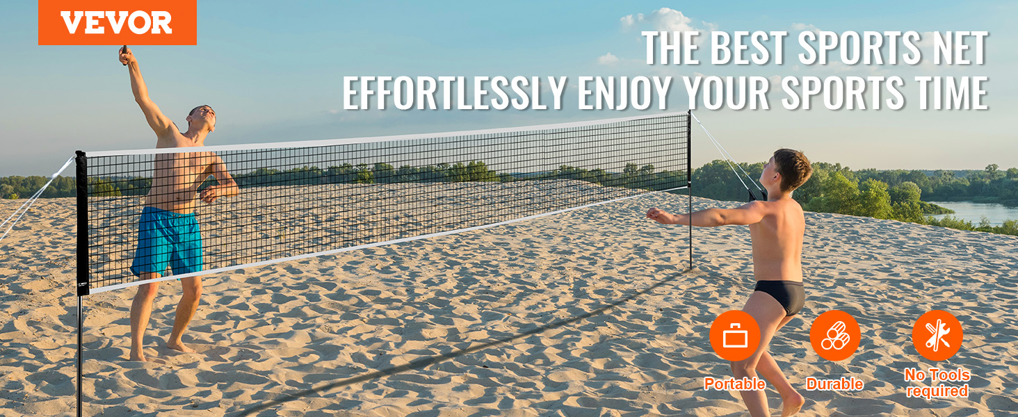 kids playing on a beach with the VEVOR badminton net set. showing portability, durability, and ease of use.
