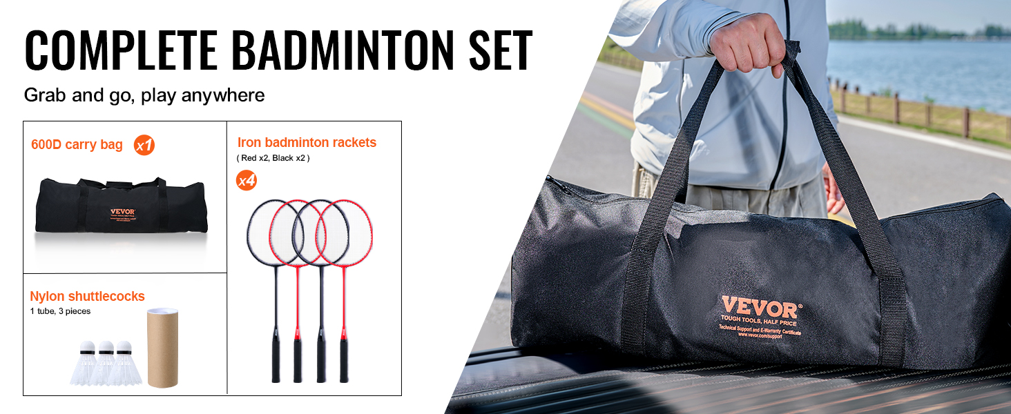 VEVOR badminton net set: carry bag, 4 rackets, 3 shuttlecocks, grab and go for outdoor play.