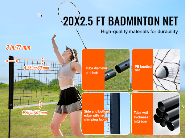 VEVOR badminton net set with durable pe knotted net, 3-inch posts, and clamping fabric edges.
