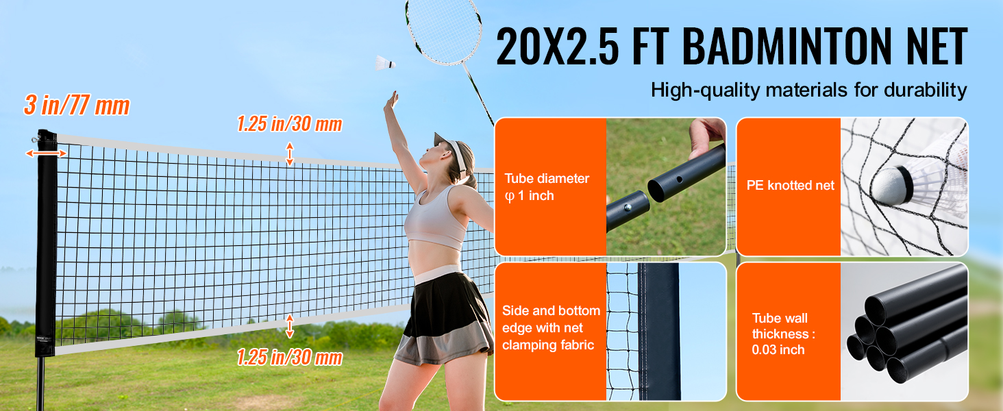 VEVOR badminton net set with durable pe knotted net, 3-inch posts, and clamping fabric edges.