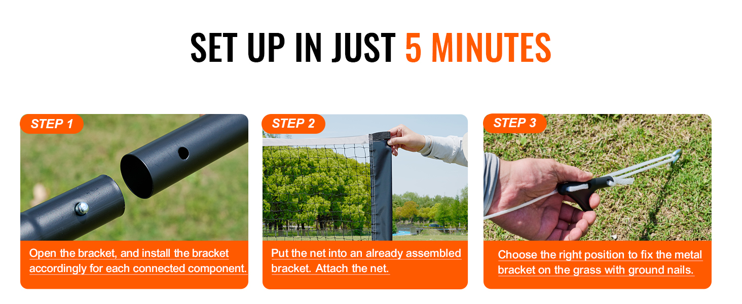 set up VEVOR badminton net set in 5 minutes with bracket installation, net attachment, and ground nail fixing.