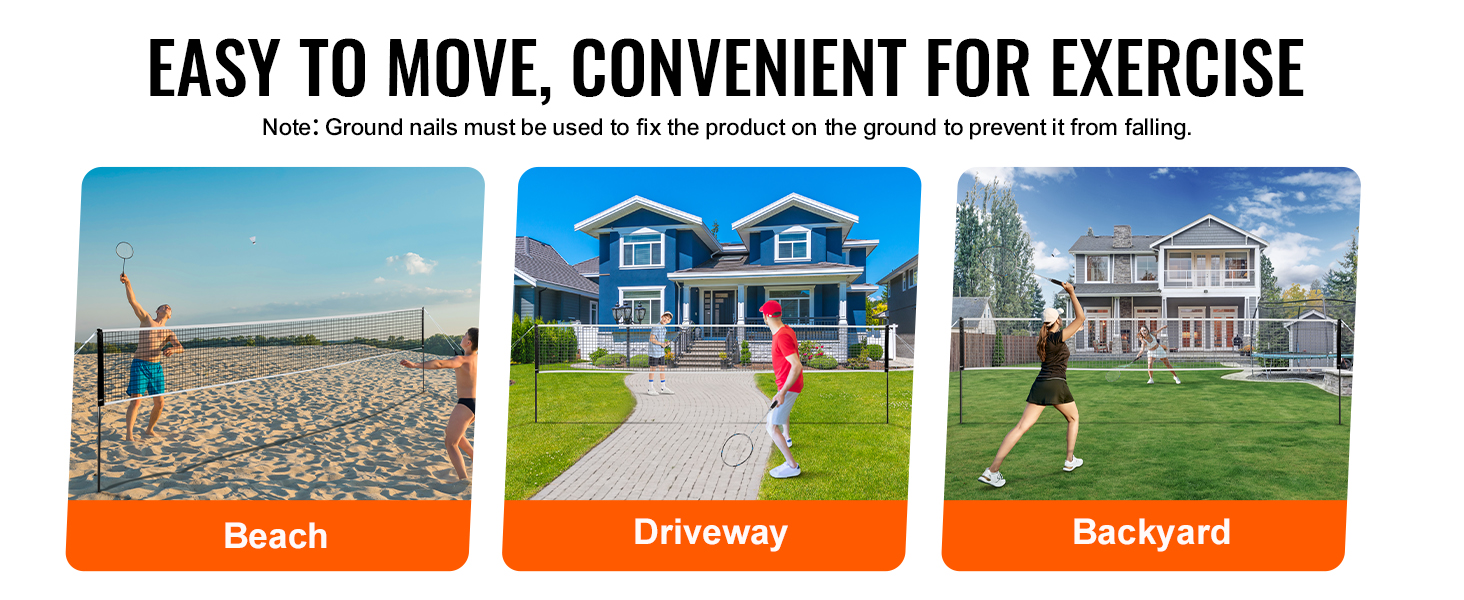 VEVOR badminton net set for playing on the beach, driveway, and backyard; easy to move and set up.