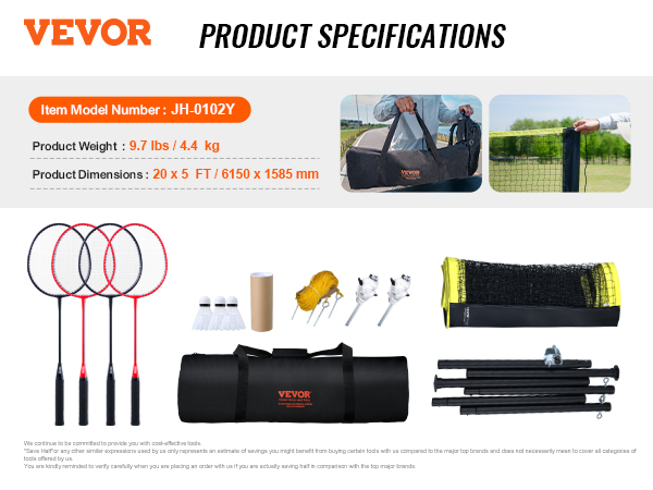 VEVOR badminton net set with 4 rackets, shuttlecocks, net, poles, and carrying bag. model: jh-0102y.