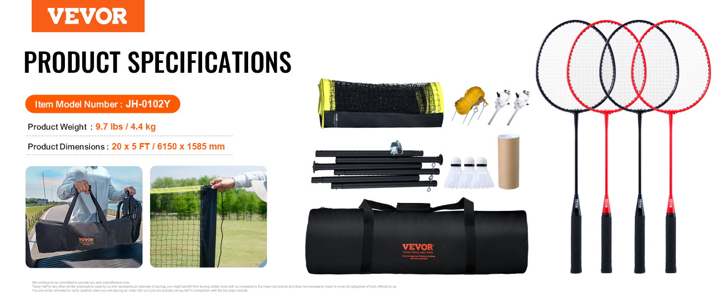 VEVOR badminton net set with 4 rackets, shuttlecocks, net, poles, and carrying bag. model: jh-0102y.