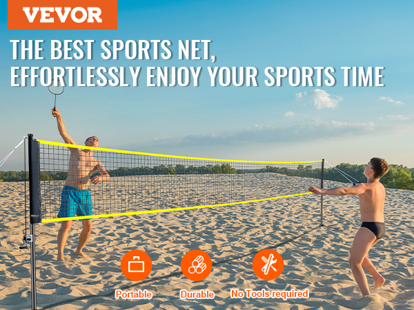beach scene with two people playing badminton with the VEVOR badminton net set, emphasizing portability and durability.