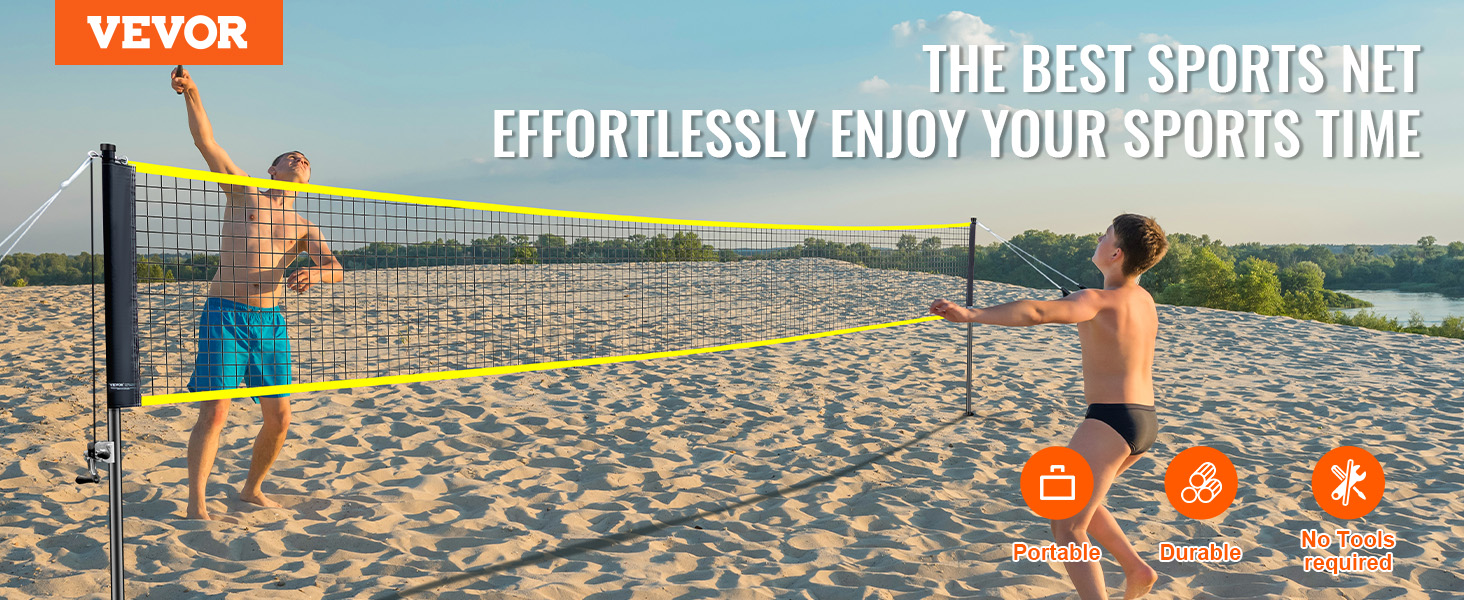 beach scene with two people playing badminton with the VEVOR badminton net set, emphasizing portability and durability.