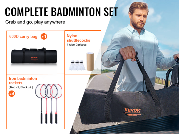 VEVOR badminton net set: 600d carry bag, four rackets, nylon shuttlecocks. ready for outdoor play.