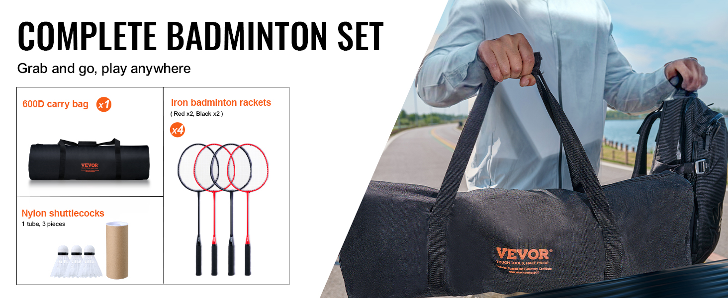 VEVOR badminton net set: 600d carry bag, four rackets, nylon shuttlecocks. ready for outdoor play.