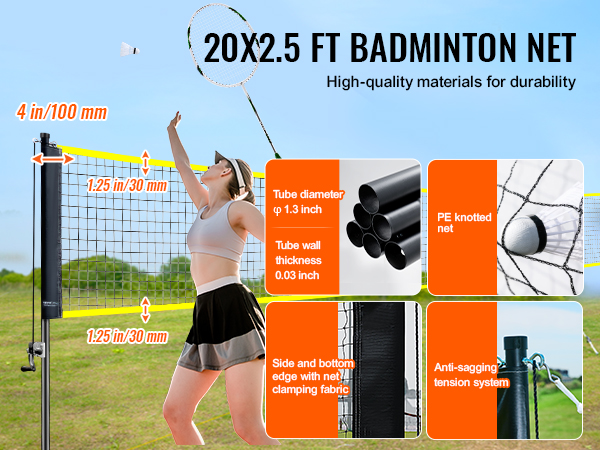 VEVOR badminton net set: 20x2.5 ft, pe knotted net, anti-sagging system, 1.3-inch diameter tubes.