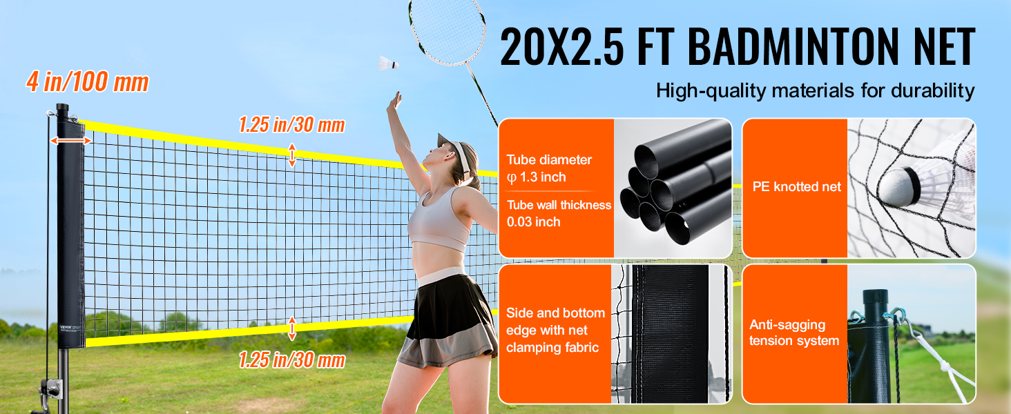 VEVOR badminton net set: 20x2.5 ft, pe knotted net, anti-sagging system, 1.3-inch diameter tubes.