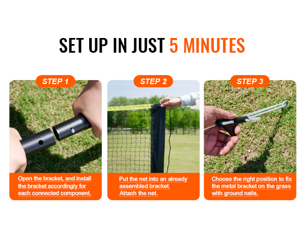 set up the VEVOR badminton net set in just 5 minutes: bracket assembly, net attachment, ground positioning.
