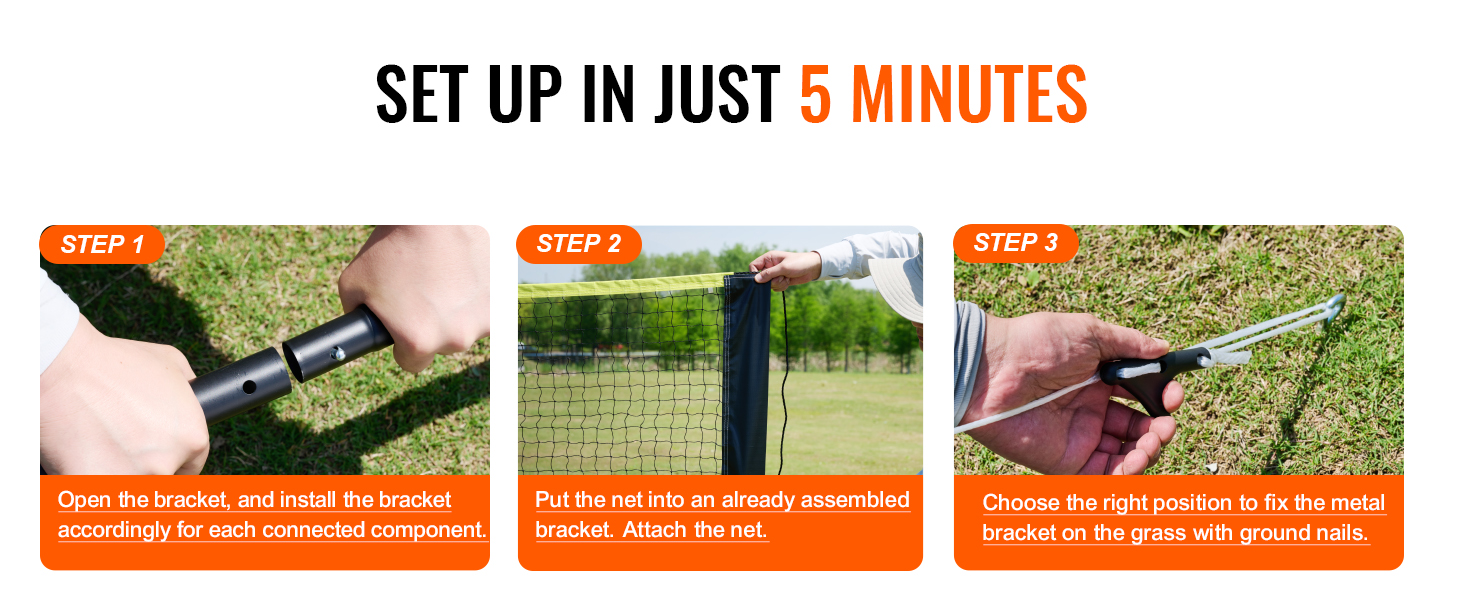 set up the VEVOR badminton net set in just 5 minutes: bracket assembly, net attachment, ground positioning.