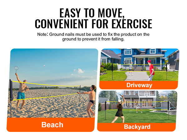 VEVOR badminton net set being used on a beach, driveway, and backyard with text "easy to move".