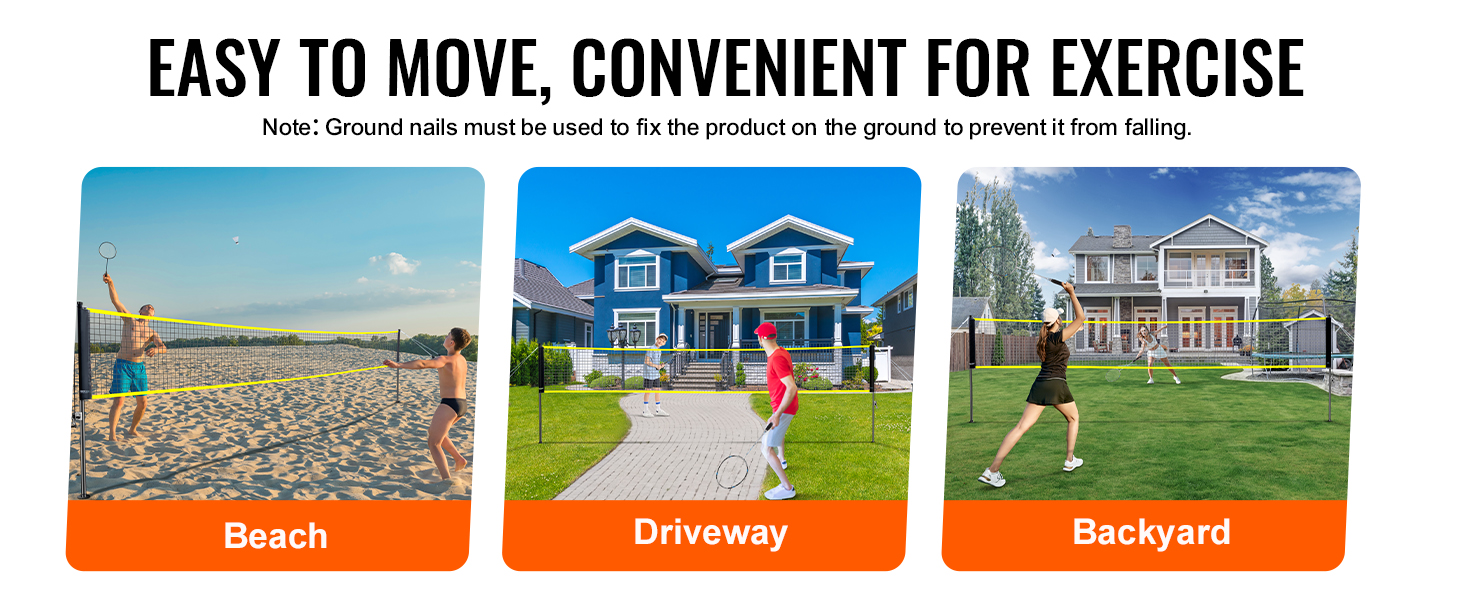 VEVOR badminton net set being used on a beach, driveway, and backyard with text "easy to move".