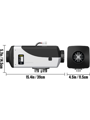 dimensions and front/back views of the VEVOR diesel air heater - 5.7x15.4x4.5 inches.