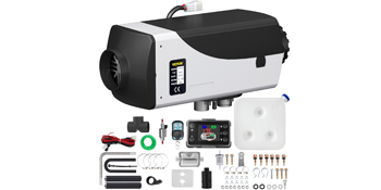 VEVOR diesel air heater with accessories including wires, tank, and installation parts.