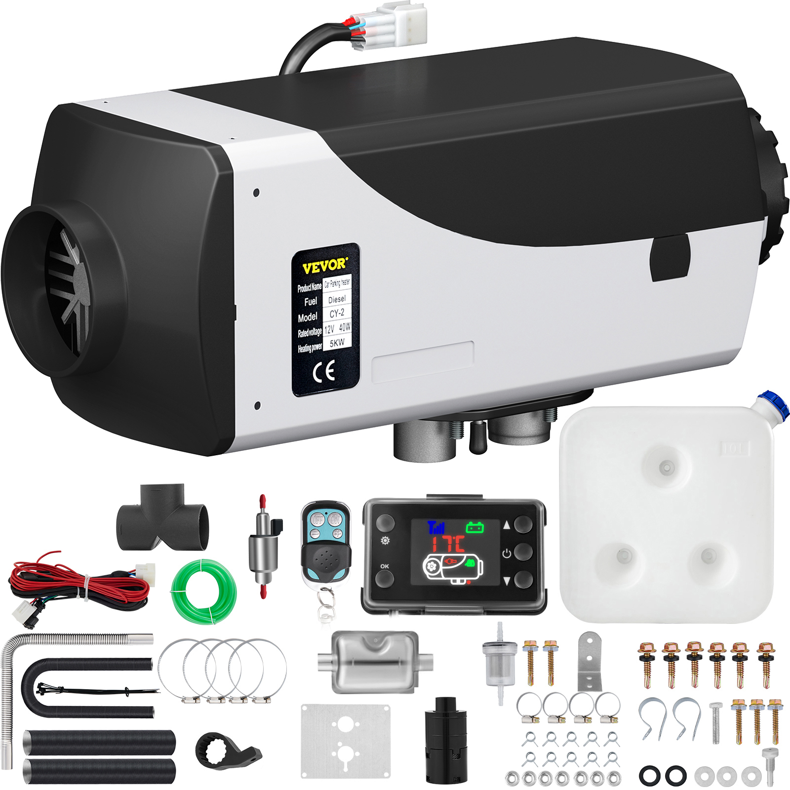 VEVOR diesel air heater with accessories including tank, wires, and controller.