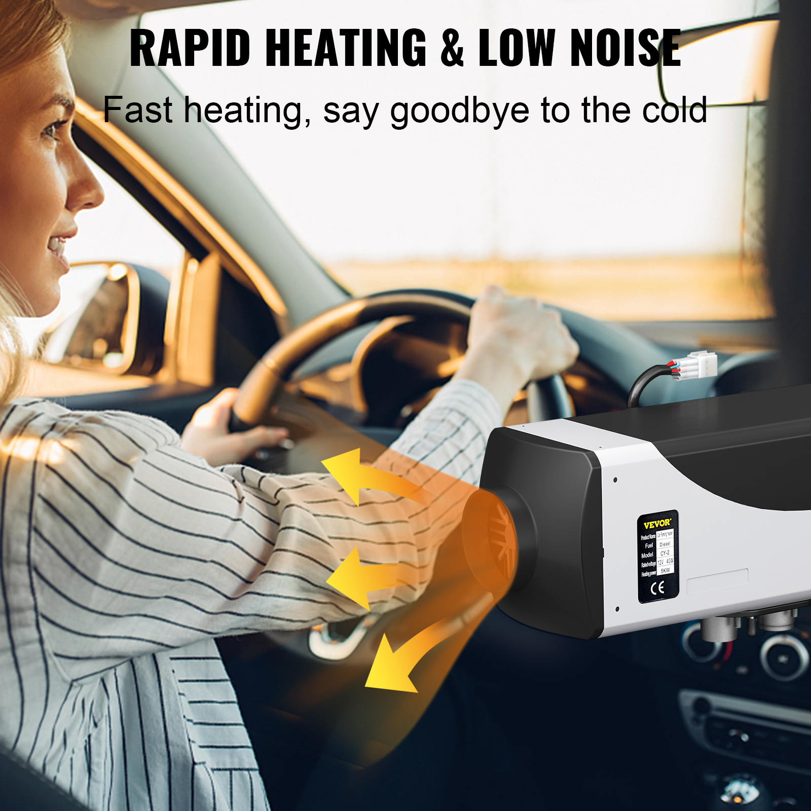 VEVOR diesel air heater in car for rapid heating and low noise.