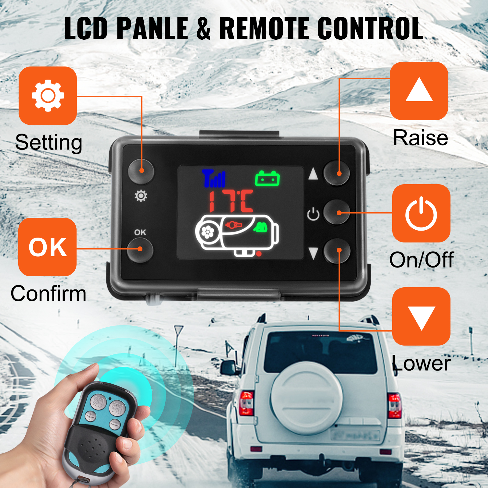 VEVOR diesel air heater lcd panel and remote, showing setting, confirm, raise, and lower buttons.