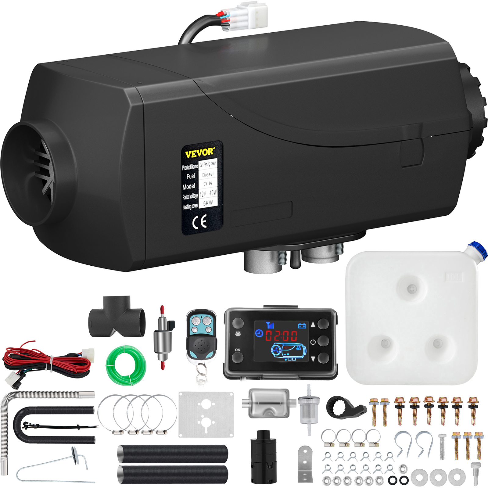 VEVOR 5kw diesel heater with control unit, tank, wiring, and various installation parts.