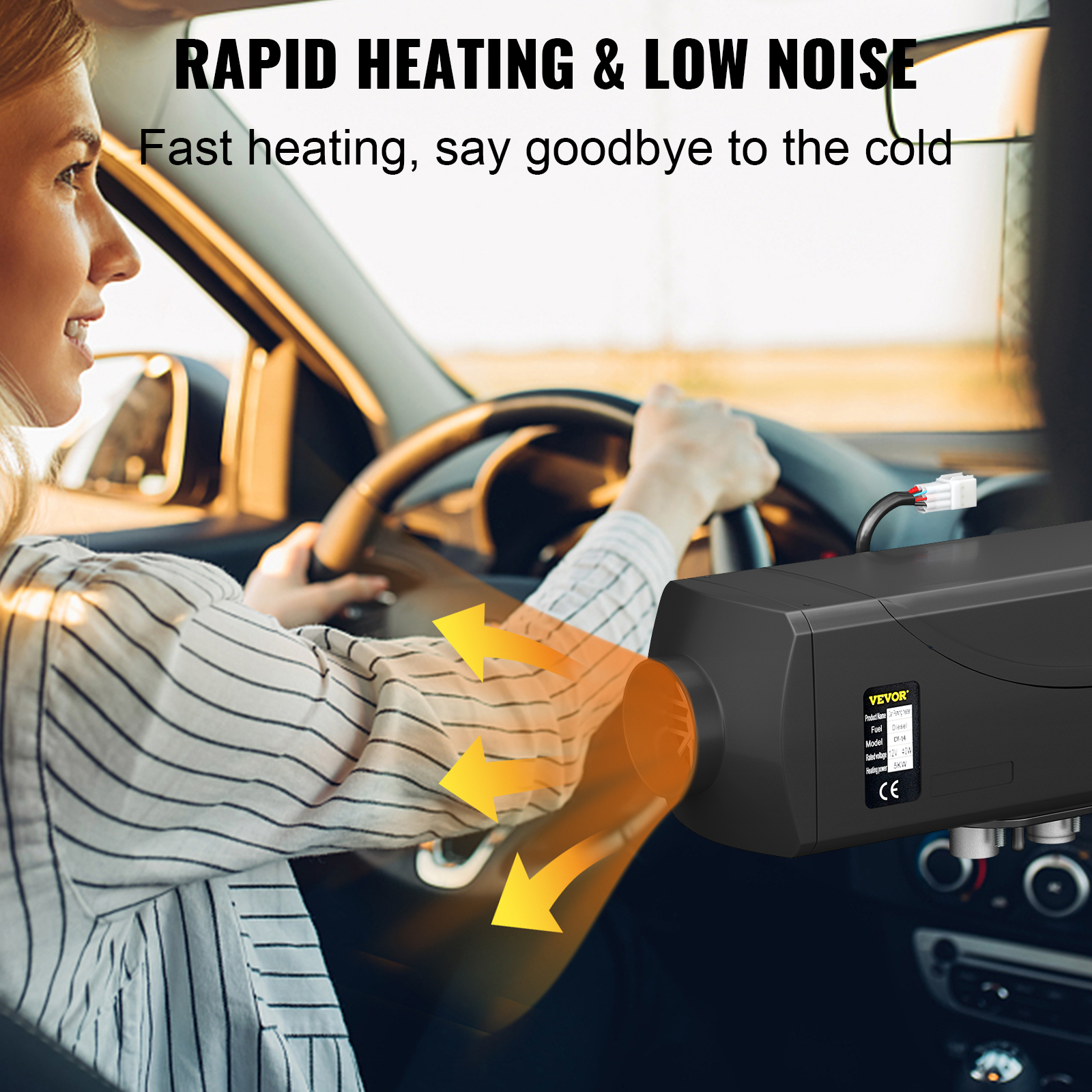 VEVOR 5kw diesel heater providing rapid heating in a car with low noise output.