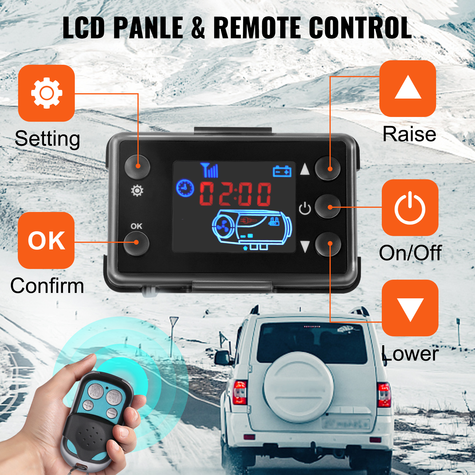 lcd panel and remote control for VEVOR 5kw diesel heater with snow-covered background.