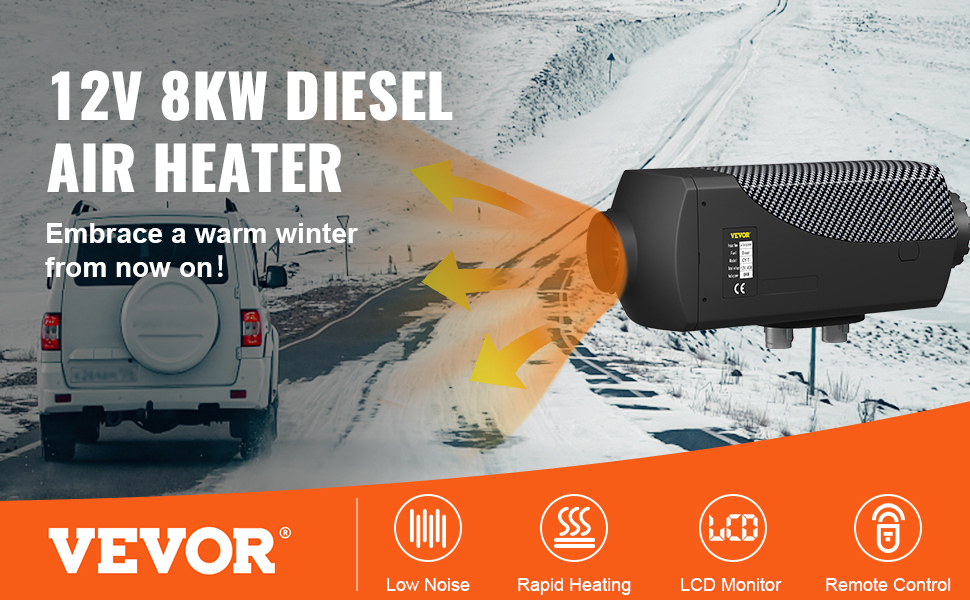 VEVOR diesel air heater 12v 8kw for rapid heating in snowy conditions.