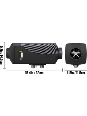 VEVOR diesel air heater with dimensions 15.4in x 4.5in.
