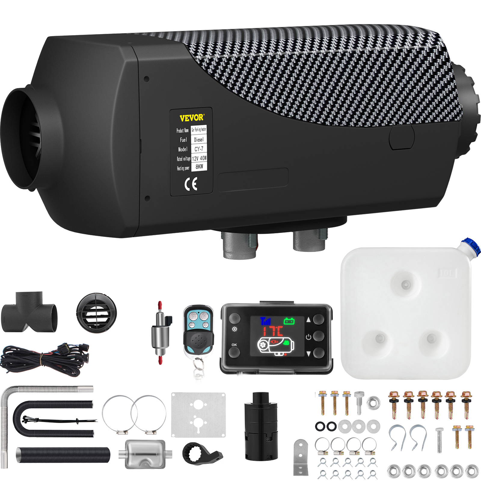 VEVOR diesel air heater and accessories, including remote, fuel tank, and installation parts