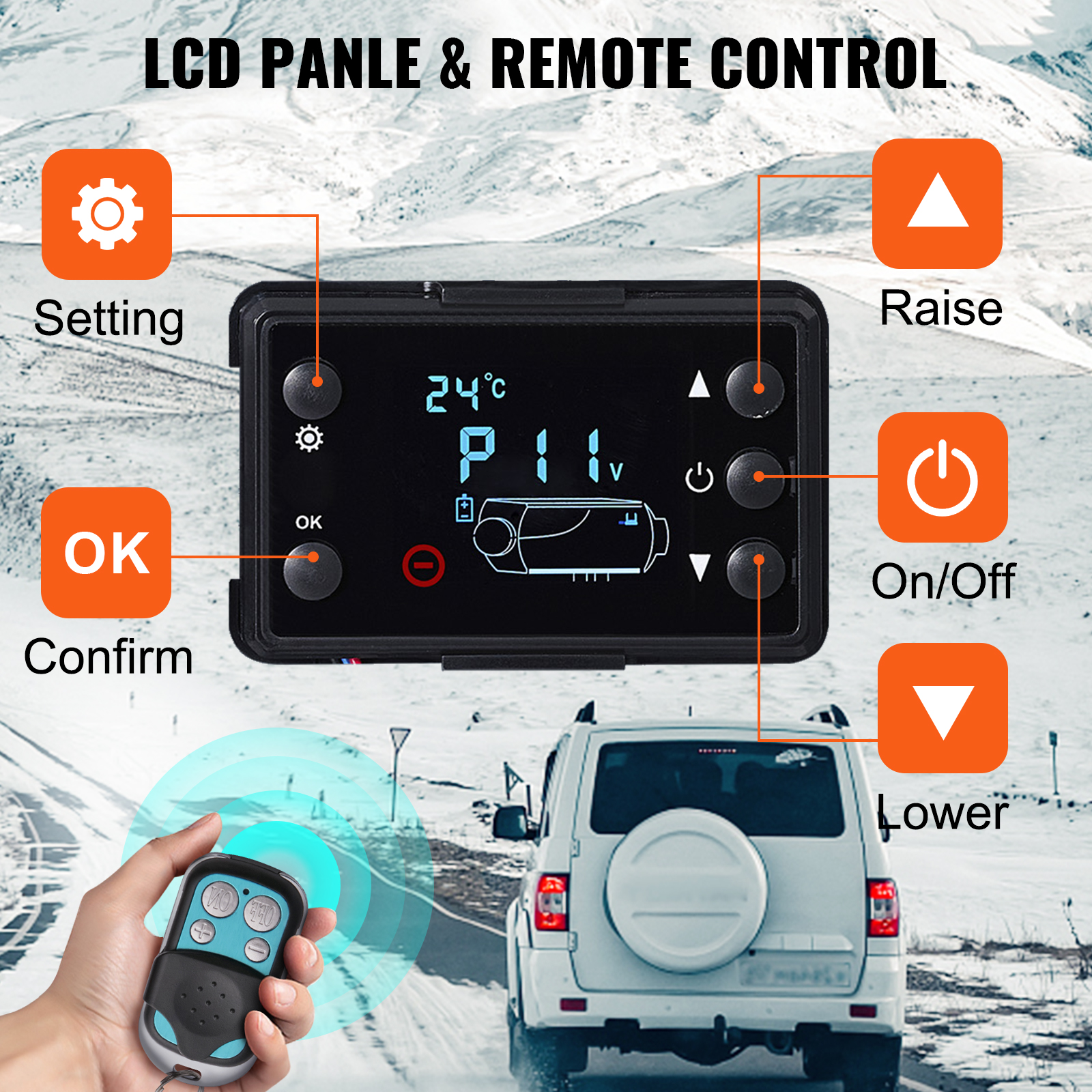 VEVOR diesel air heater lcd panel, remote control, van on snowy road.