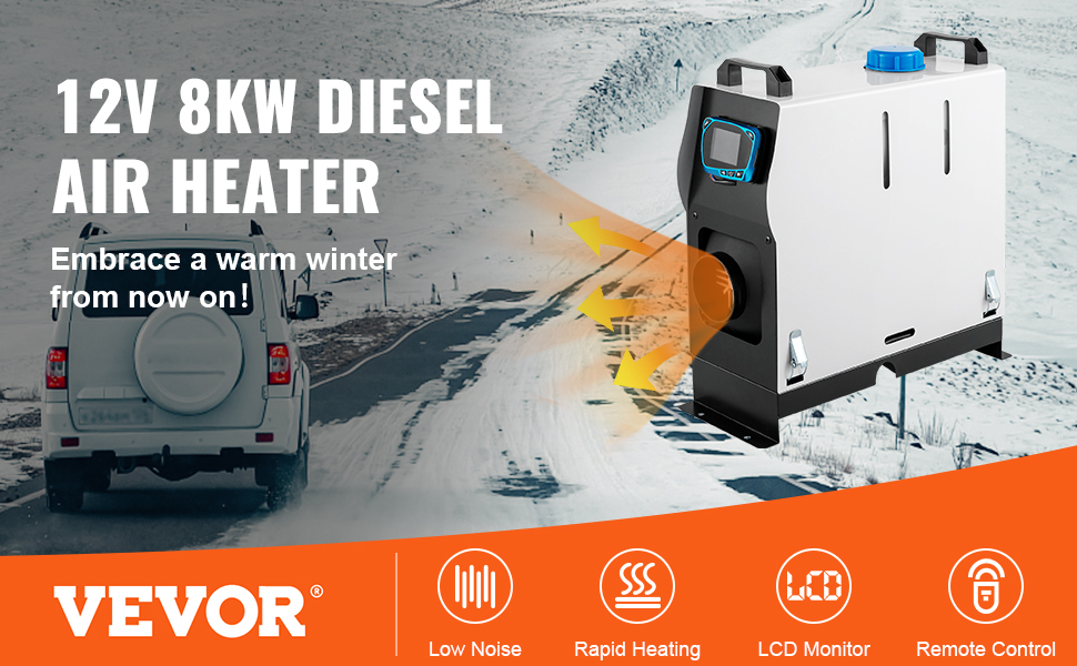 VEVOR dīzeļdegvielas gaisa sildītājs, 12 V 8 kW ātrai sildīšanai ar zemu trokšņa līmeni un lcd monitoru.