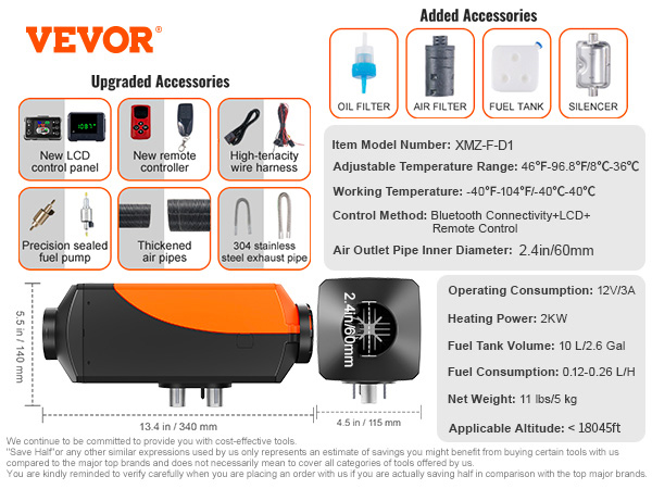 VEVOR diesel air heater components: air filter, fuel pump, remote control, exhaust silencer, lcd panel.