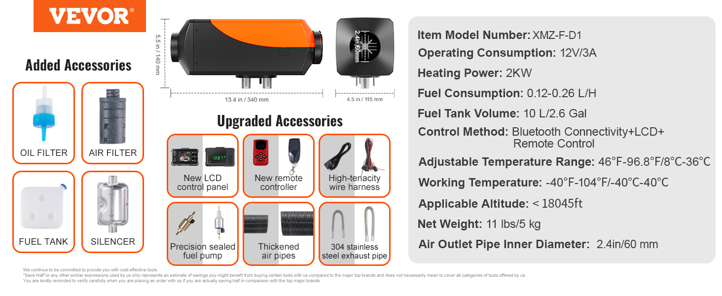 VEVOR diesel air heater components: air filter, fuel pump, remote control, exhaust silencer, lcd panel.