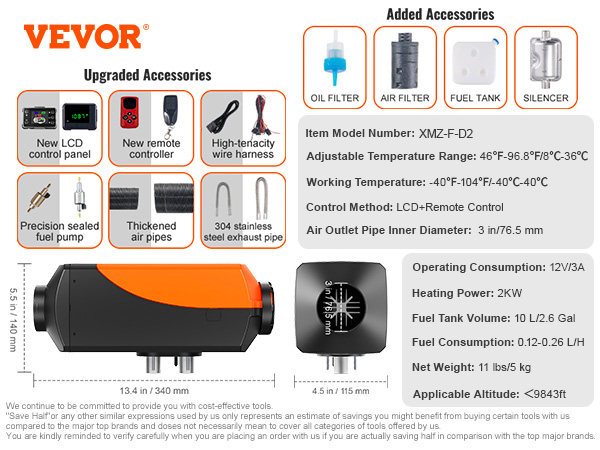 VEVOR diesel air heater components, voltage, power, temperature range, and included accessories.