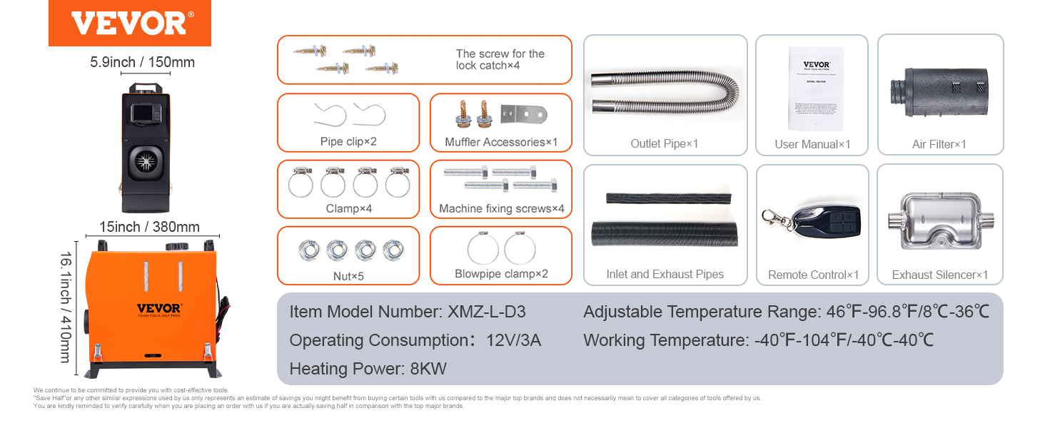 VEVOR diesel air heater kit with dimensions, components, and technical specifications.