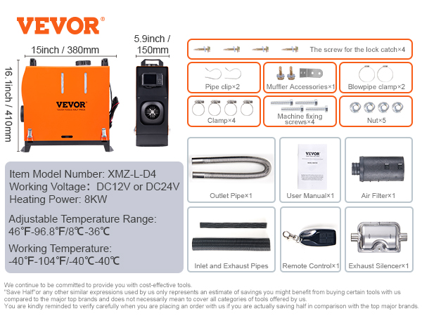 VEVOR diesel air heater with accessories, dimensions, model number xmz-l-d4, and 8kw heating power.