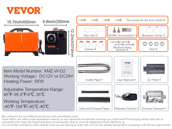 VEVOR diesel air heater components, model xmz-w-d2, with dimensions and specifications displayed.